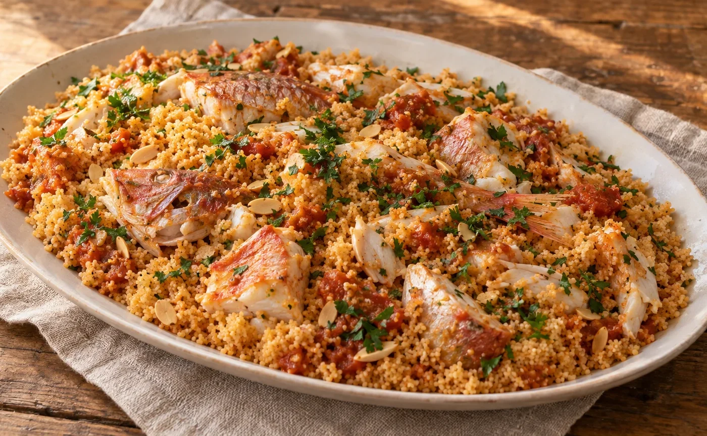 Cous cous di pesce alla trapanese con pesce da zuppa e salsa al pomodoro