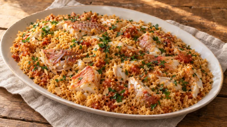 Cous cous di pesce alla trapanese con pesce da zuppa e salsa al pomodoro