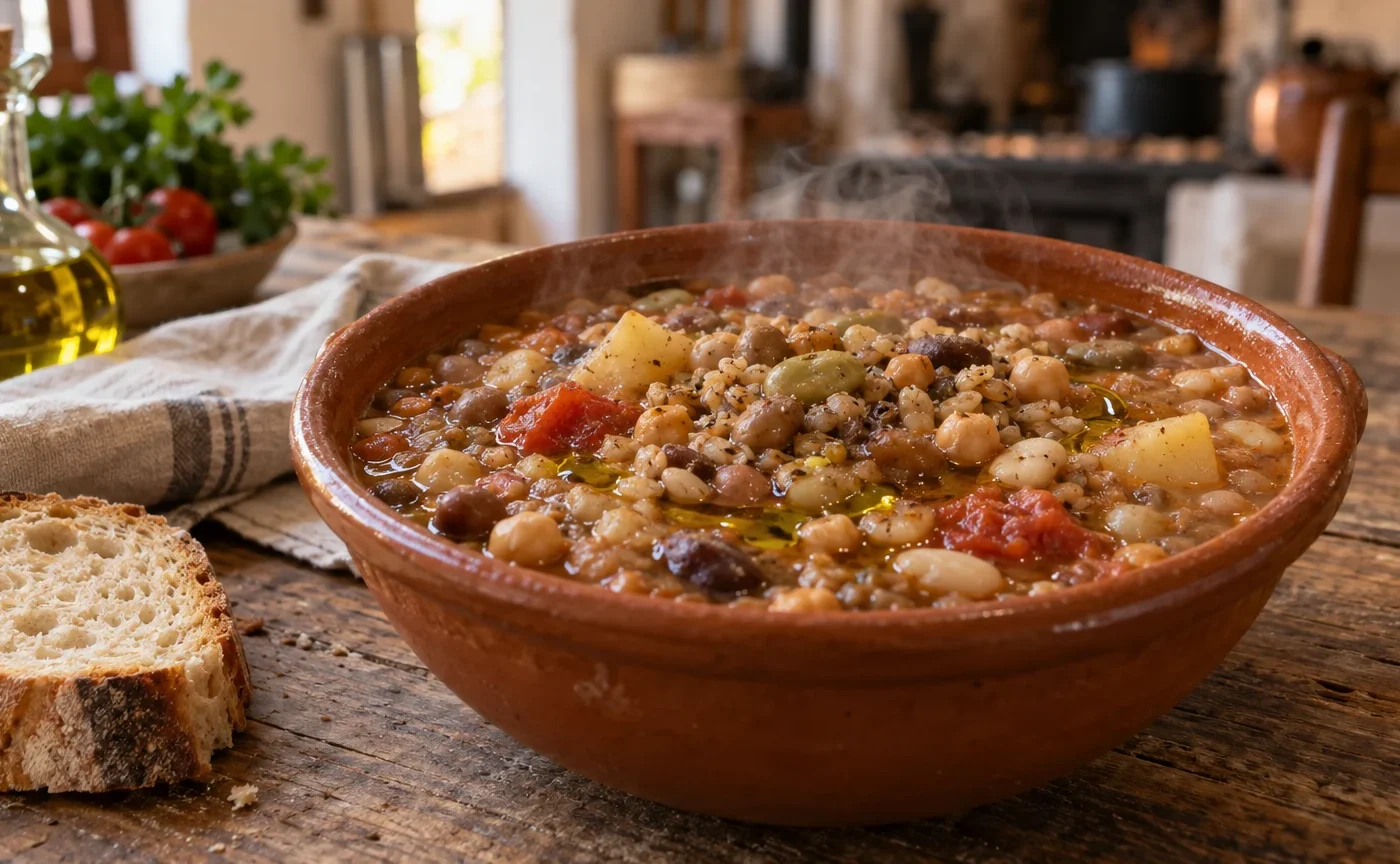 Crapiata materana servita in ciotola di terracotta con zuppa di grano e legumi