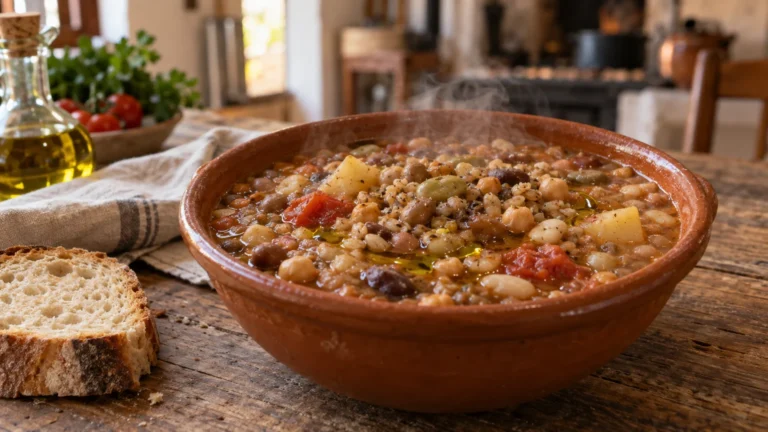 Crapiata materana servita in ciotola di terracotta con zuppa di grano e legumi