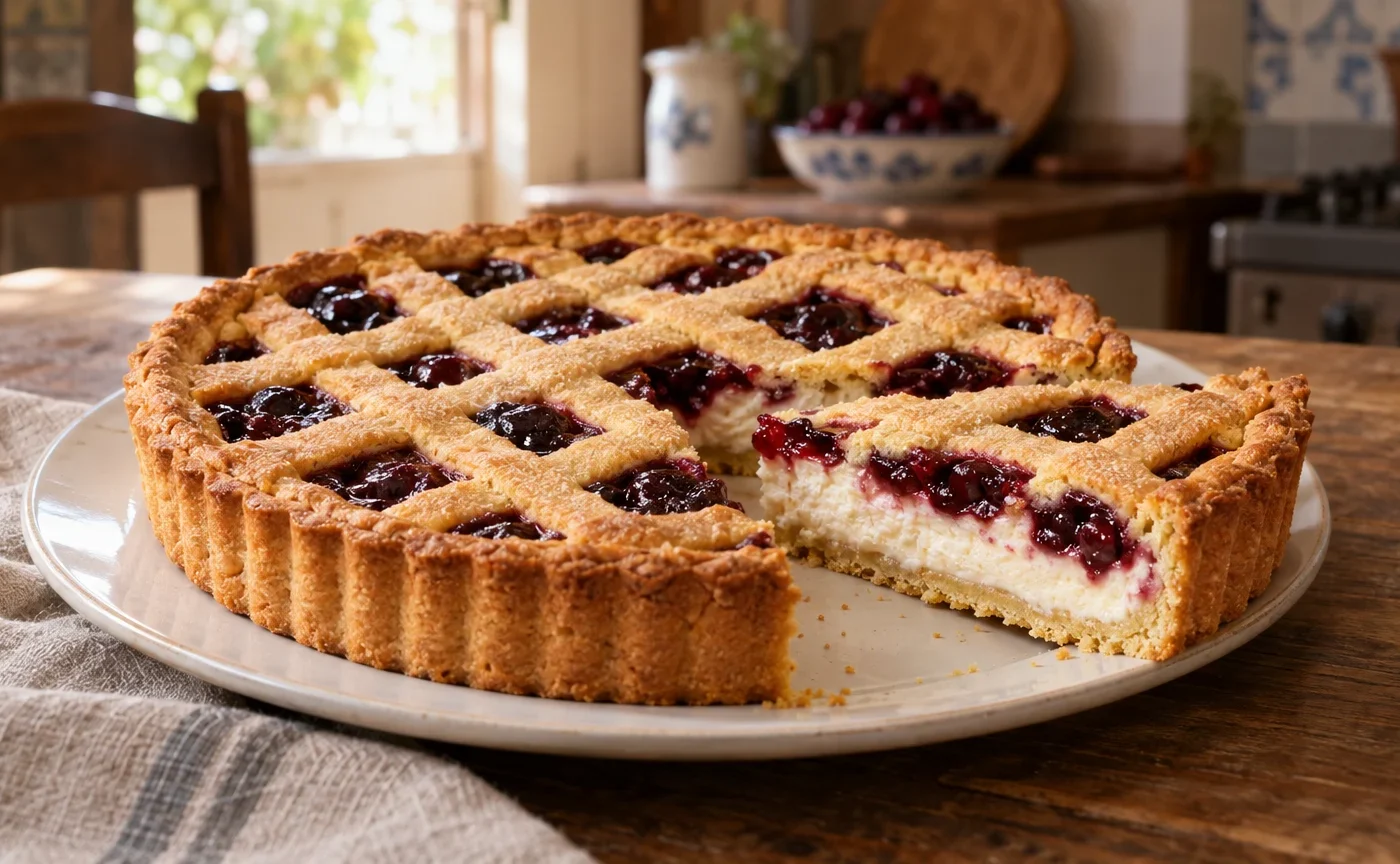 Fetta di crostata ricotta e visciole con griglia di pasta frolla