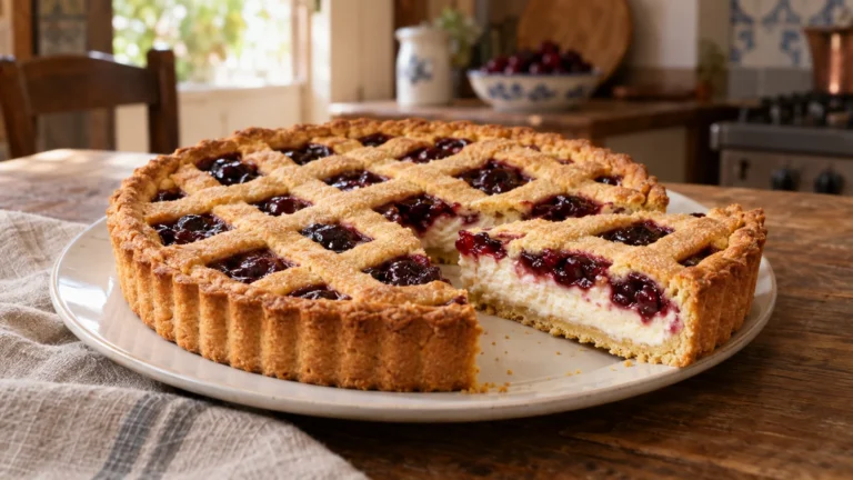 Fetta di crostata ricotta e visciole con griglia di pasta frolla