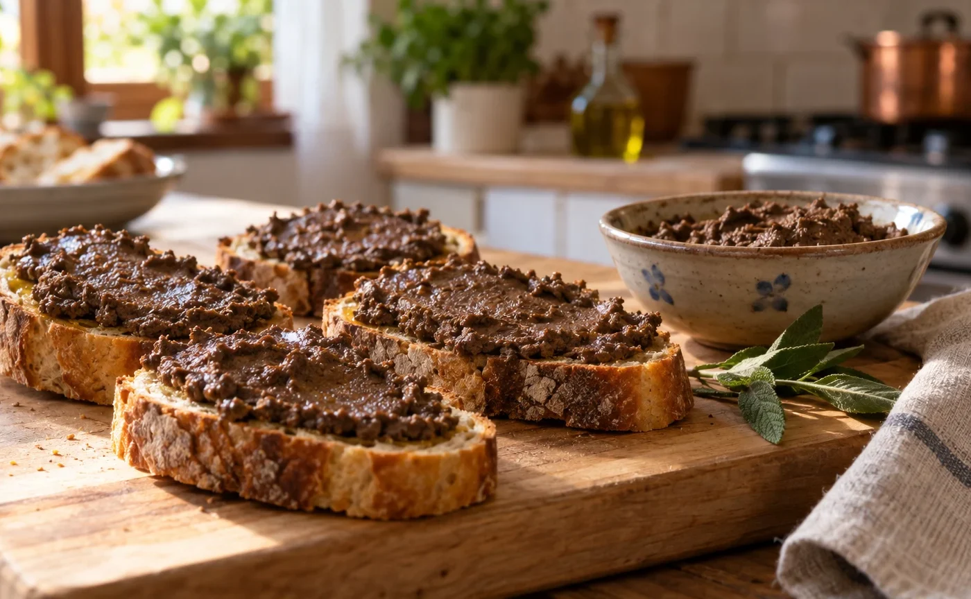 Crostini neri toscani con crema di fegatini e capperi su tagliere di legno