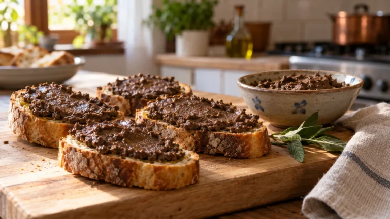Crostini neri toscani con crema di fegatini e capperi su tagliere di legno