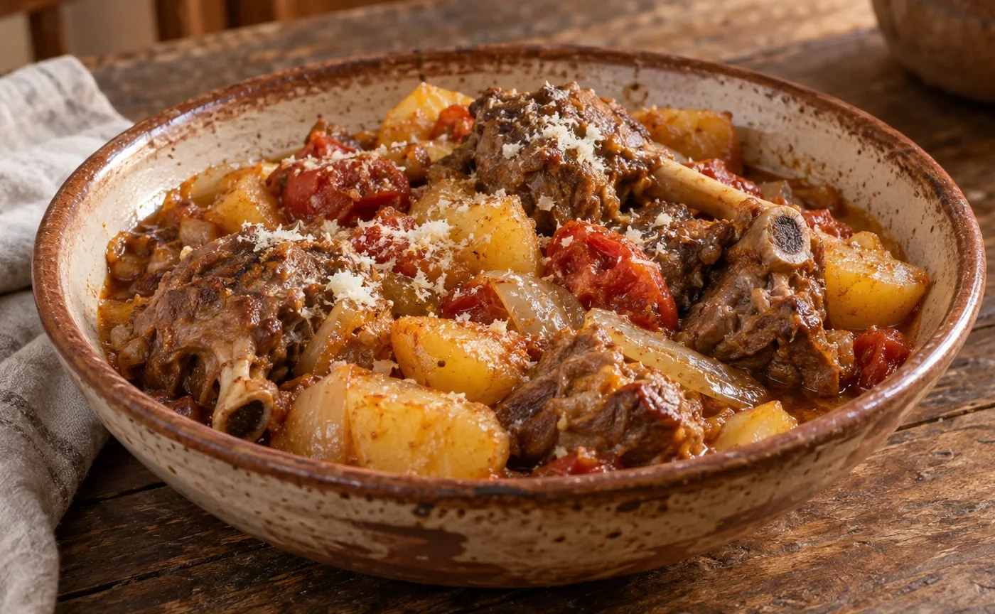Cutturidd lucano di agnello con patate, pomodori e cipolle in piatto fondo
