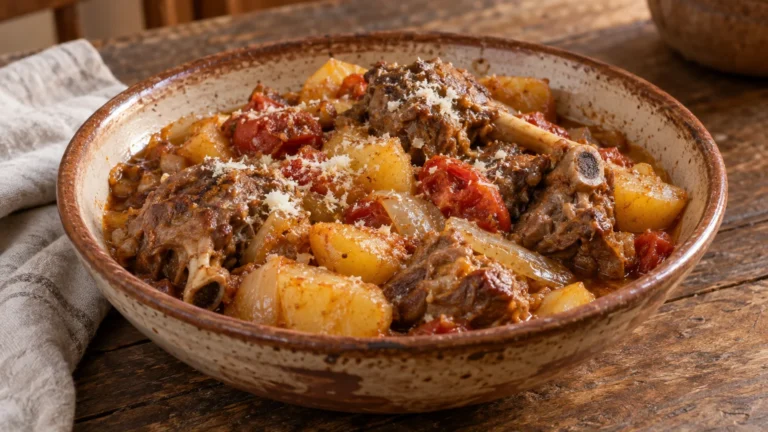 Cutturidd lucano di agnello con patate, pomodori e cipolle in piatto fondo