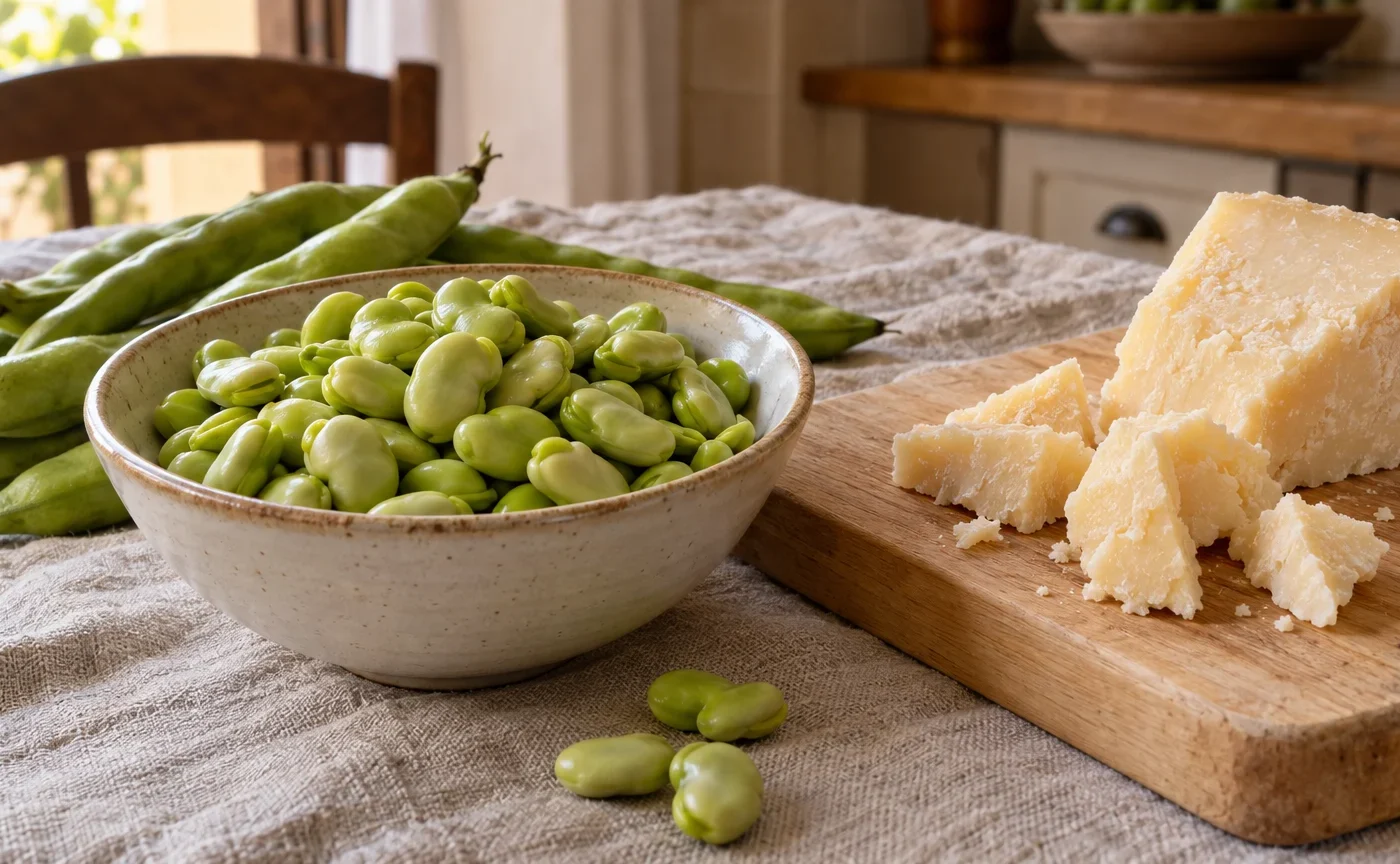 Fave fresche sgranate con pezzi di pecorino romano servite su un vassoio rustico
