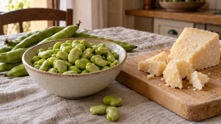 Fave fresche sgranate con pezzi di pecorino romano servite su un vassoio rustico