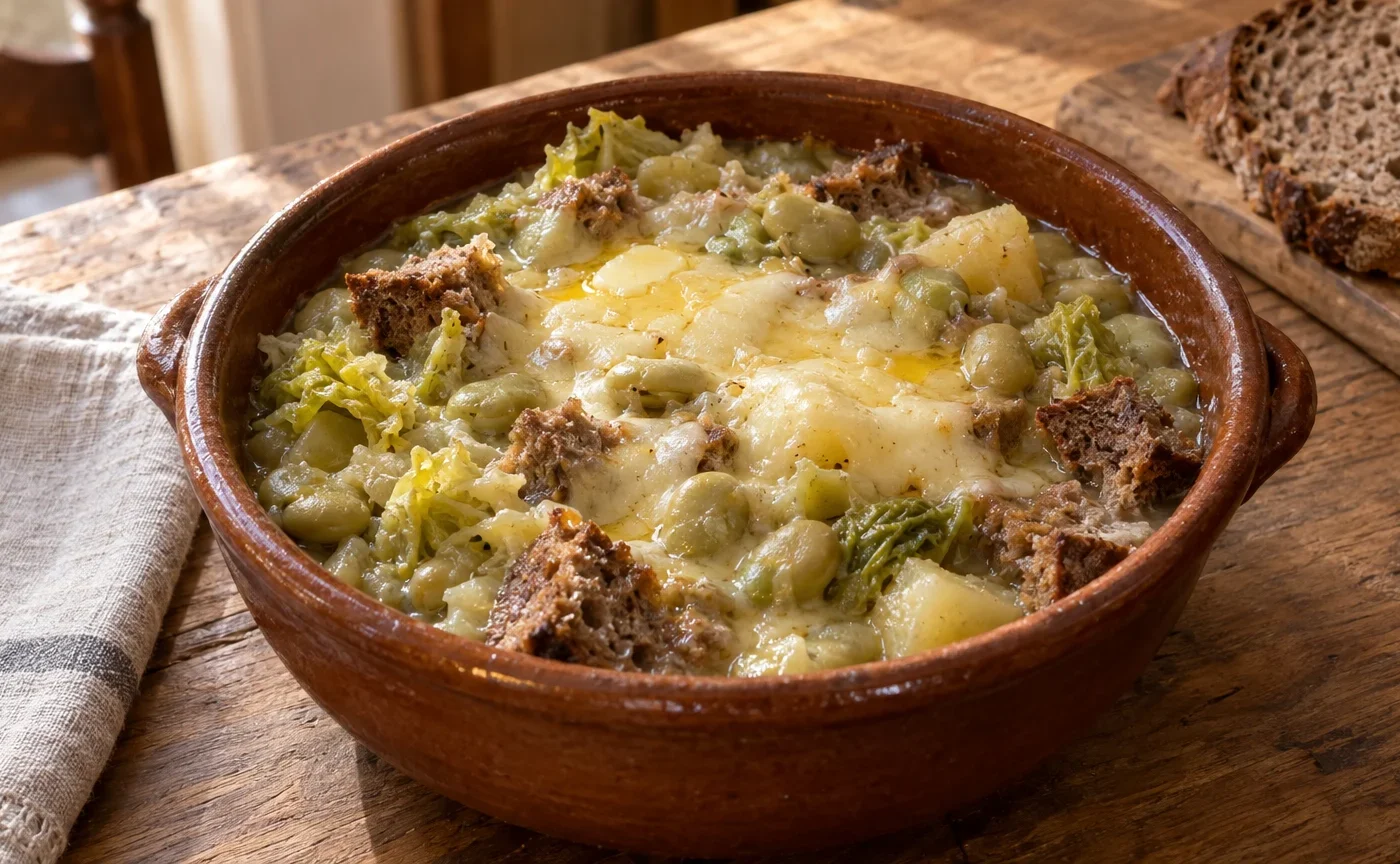 Favò di Ozein servito caldo in una fondina rustica con fave, pane di segale e Fontina