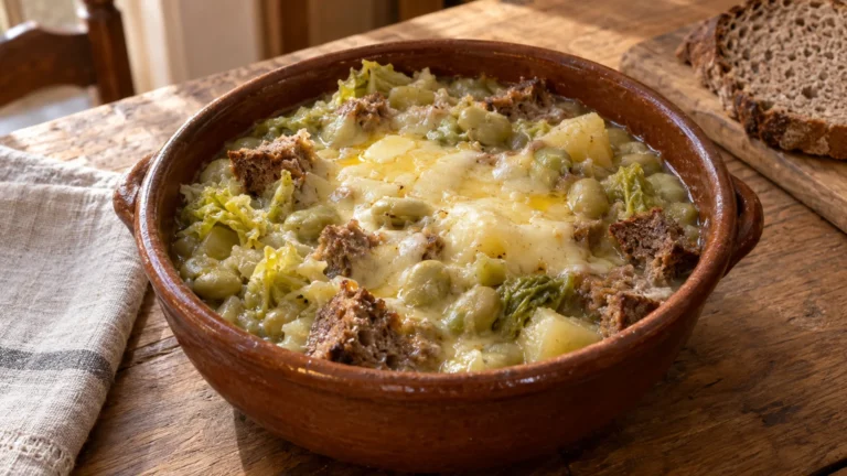 Favò di Ozein servito caldo in una fondina rustica con fave, pane di segale e Fontina