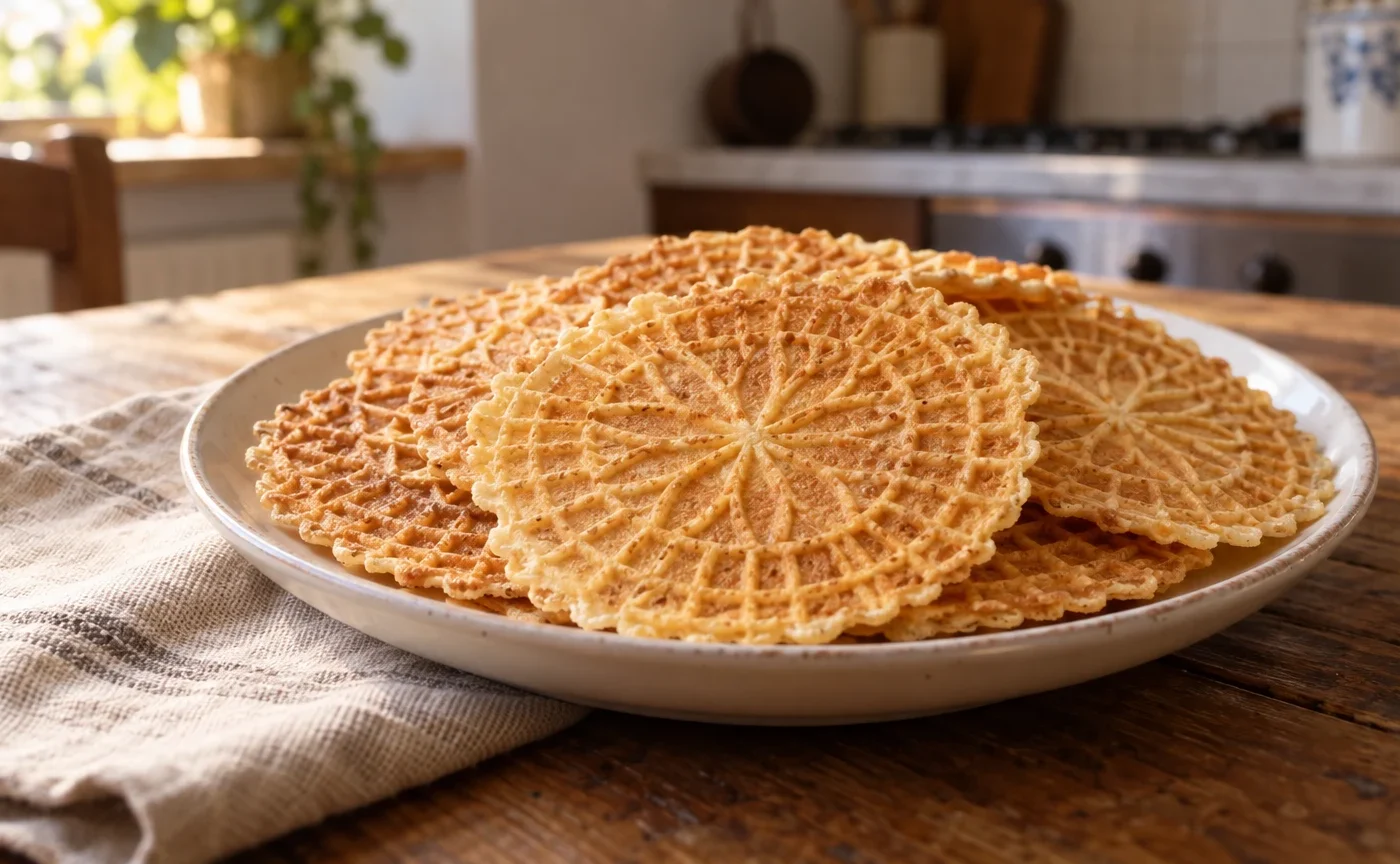 Ferratelle abruzzesi dorate e decorate, disposte su un piatto rustico