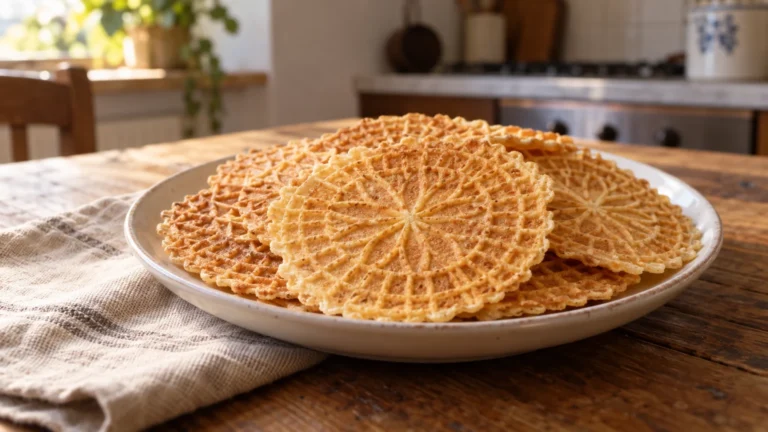 Ferratelle abruzzesi dorate e decorate, disposte su un piatto rustico