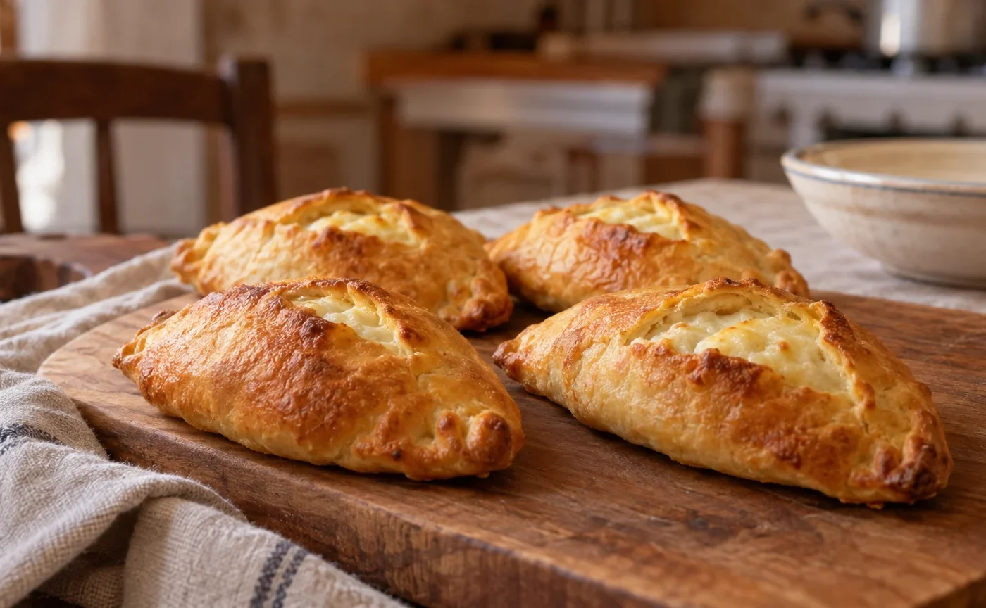 Fiadoni abruzzesi al formaggio appena sfornati su tagliere di legno