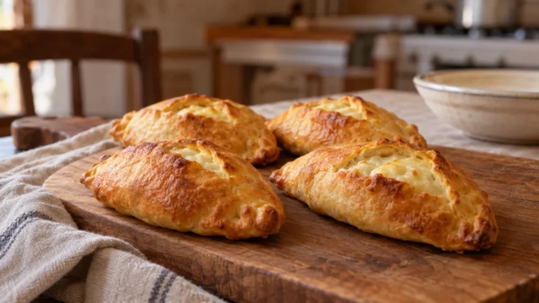 Fiadoni abruzzesi al formaggio appena sfornati su tagliere di legno