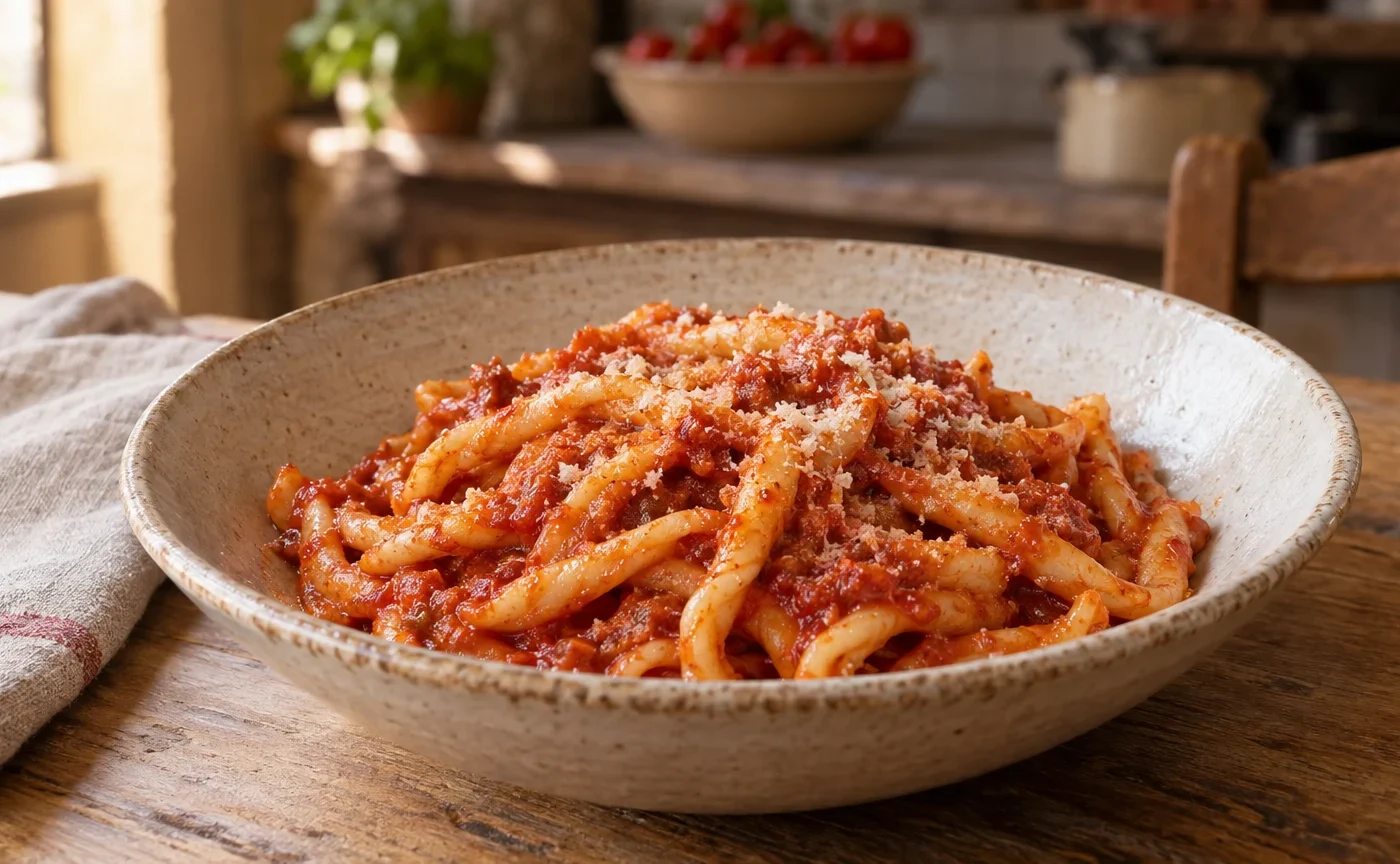Fileja calabresi con ’nduja, sugo di pomodoro e pecorino in un piatto di ceramica