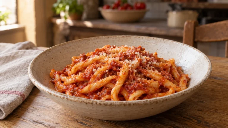 Fileja calabresi con ’nduja, sugo di pomodoro e pecorino in un piatto di ceramica
