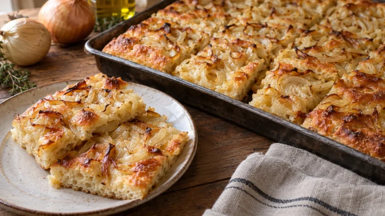 Focaccia alle cipolle genovese appena sfornata, tagliata a quadrotti