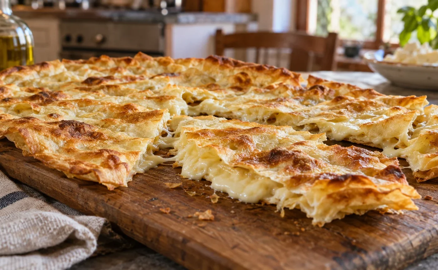 Focaccia di Recco col formaggio appena sfornata, tagliata a quadrotti su tagliere di legno
