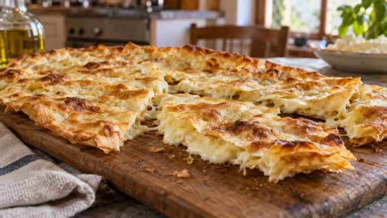 Focaccia di Recco col formaggio appena sfornata, tagliata a quadrotti su tagliere di legno