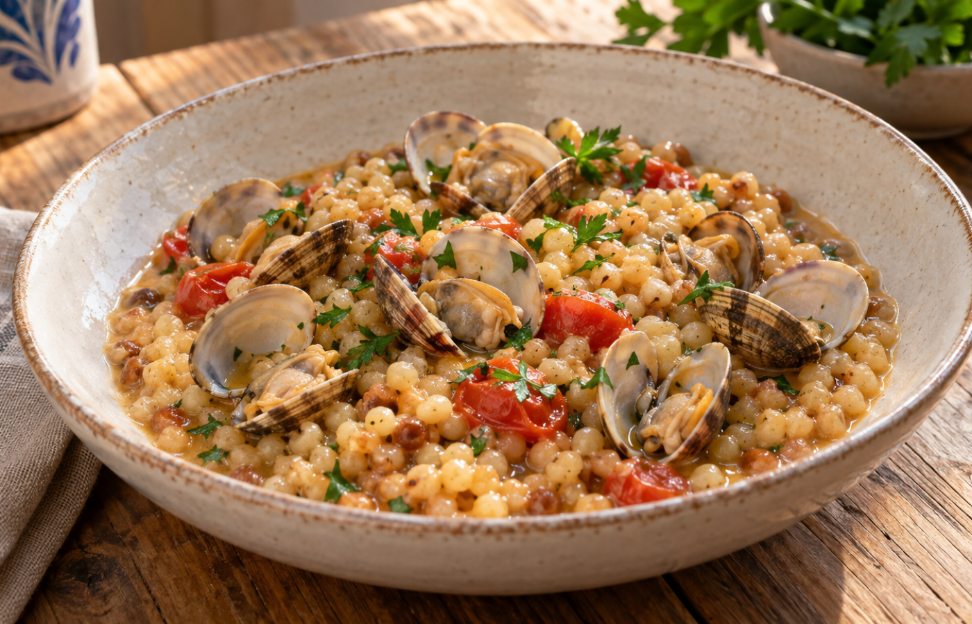 Fregola sarda con arselle servita in un piatto di ceramica