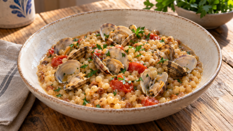 Fregola sarda con arselle servita in un piatto di ceramica
