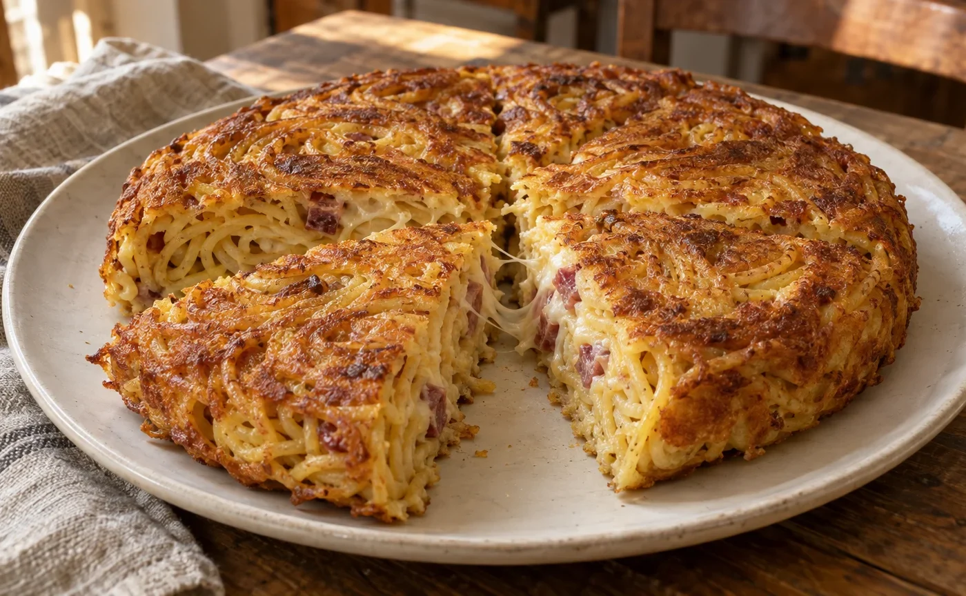 Frittata di pasta napoletana dorata, tagliata a spicchi, con provola filante e salame
