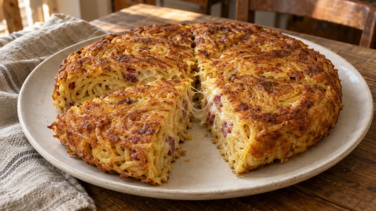 Frittata di pasta napoletana dorata, tagliata a spicchi, con provola filante e salame