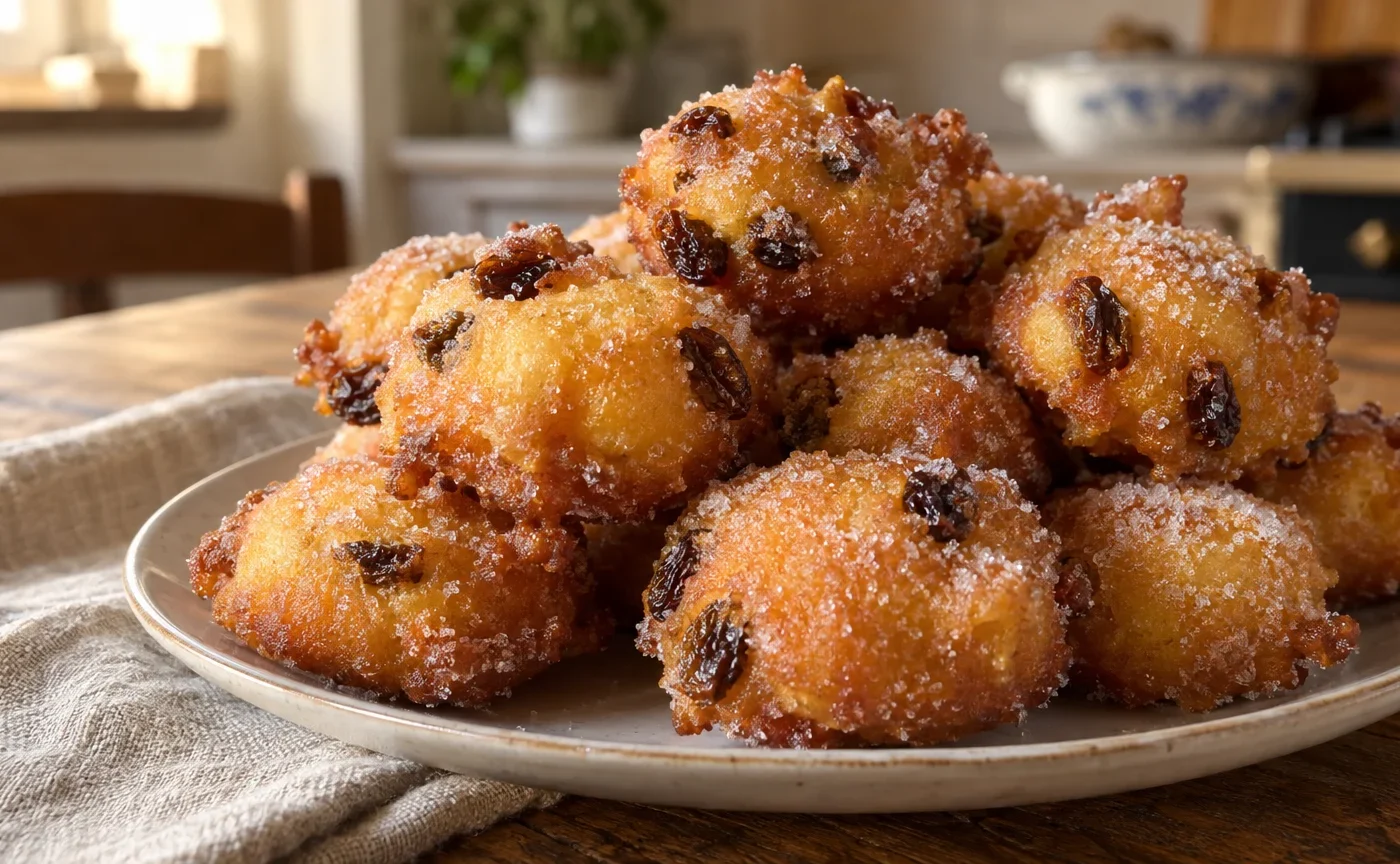 Frittelle veneziane di Carnevale dorate con uvetta e pinoli, servite su un piatto di ceramica