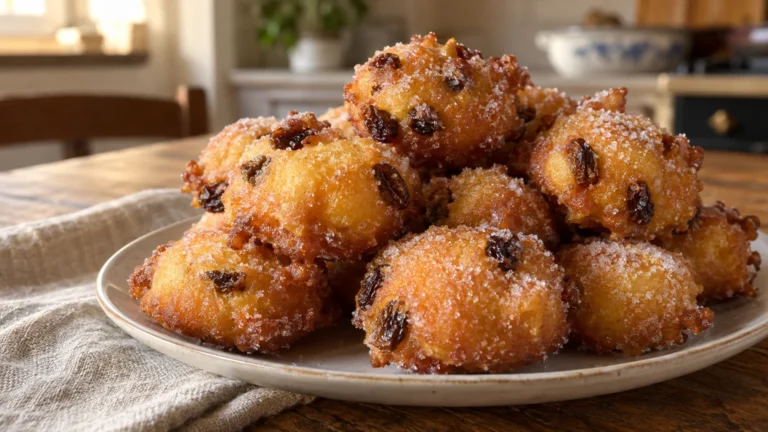 Frittelle veneziane di Carnevale dorate con uvetta e pinoli, servite su un piatto di ceramica