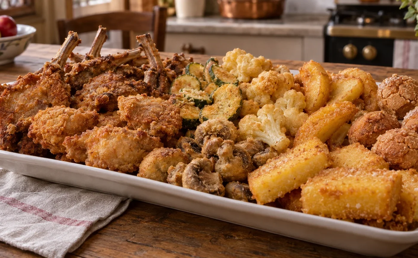Vassoio di fritto misto piemontese con carni impanate, verdure, mela, amaretti e semolino dolce