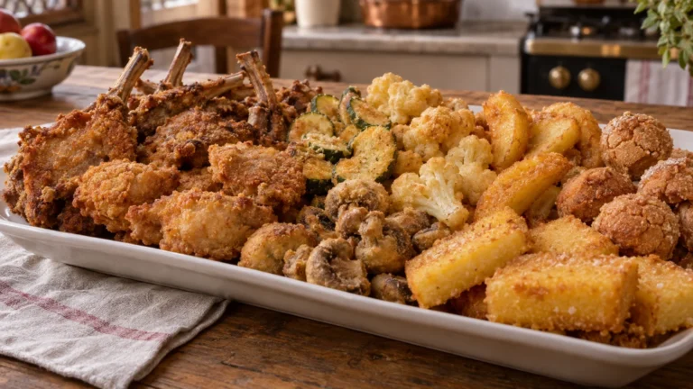 Vassoio di fritto misto piemontese con carni impanate, verdure, mela, amaretti e semolino dolce