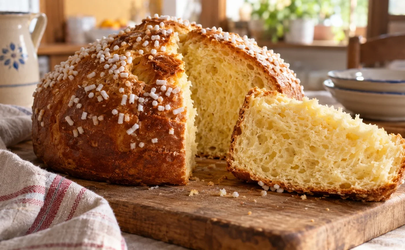 Fugassa veneta dolce lievitata con zucchero in granella appena sfornata