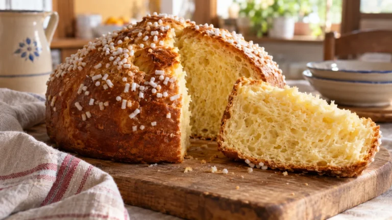 Fugassa veneta dolce lievitata con zucchero in granella appena sfornata