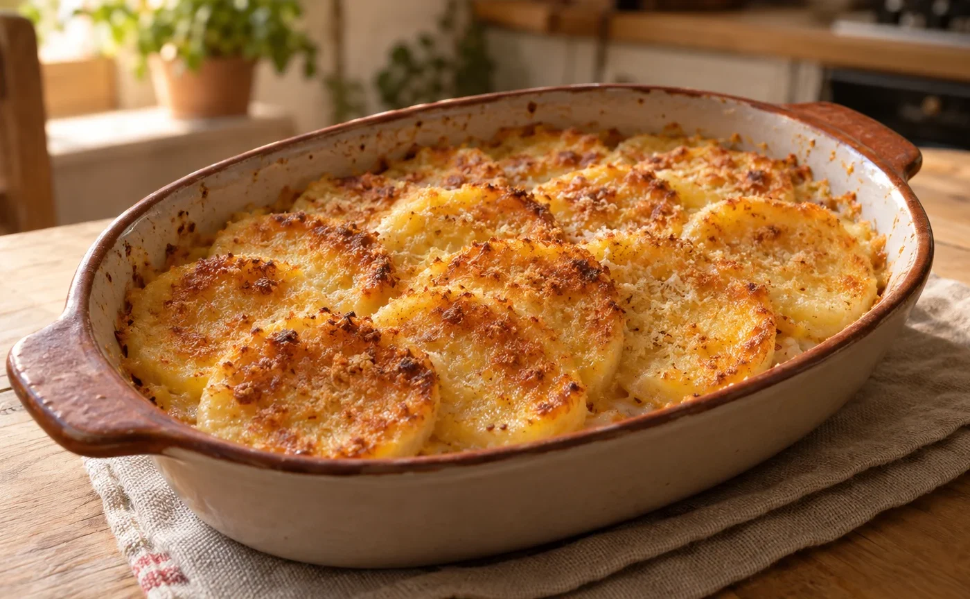 Gnocchi alla romana gratinati in una pirofila con crosticina dorata di Parmigiano