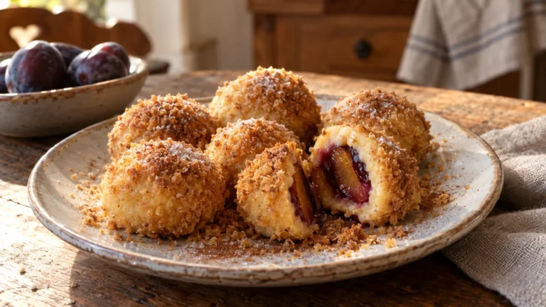 Gnocchi di susine triestini dorati nel pangrattato tostato, serviti caldi