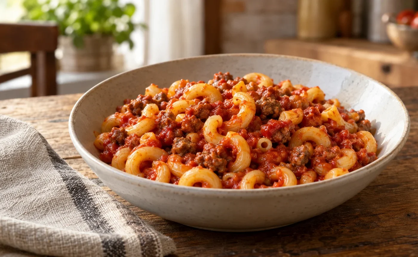 Piatto di gramigna alla salsiccia con ragù di pomodoro