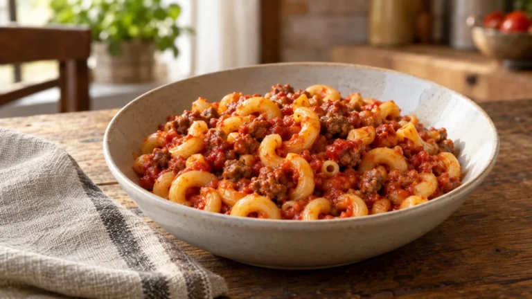 Piatto di gramigna alla salsiccia con ragù di pomodoro