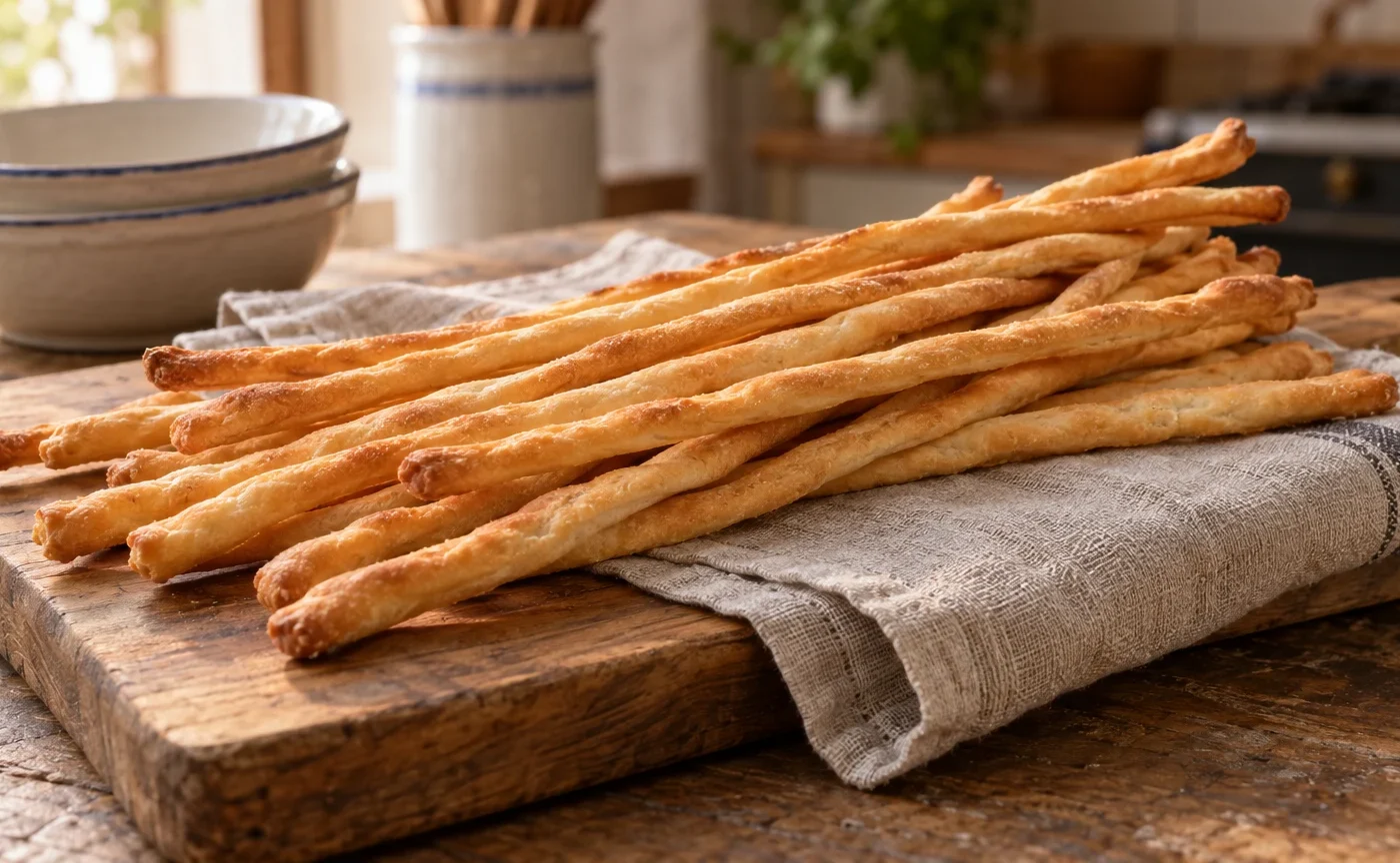 Grissini torinesi fatti in casa dorati e croccanti su un tagliere di legno