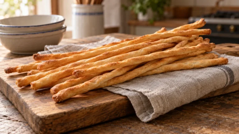 Grissini torinesi fatti in casa dorati e croccanti su un tagliere di legno