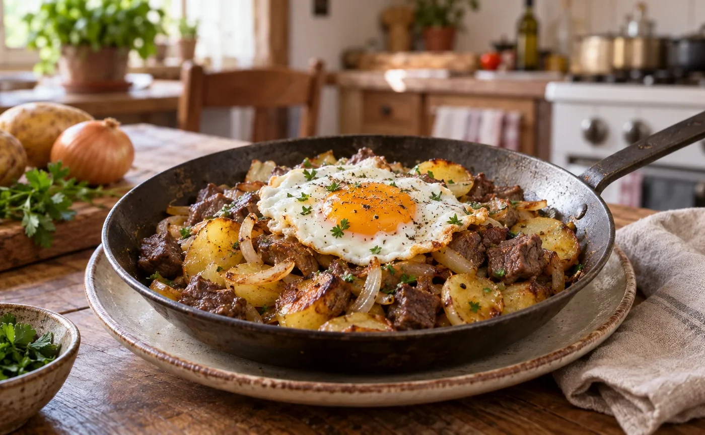 Gröstl tirolese con patate dorate, carne arrosto, cipolle e uovo al tegamino