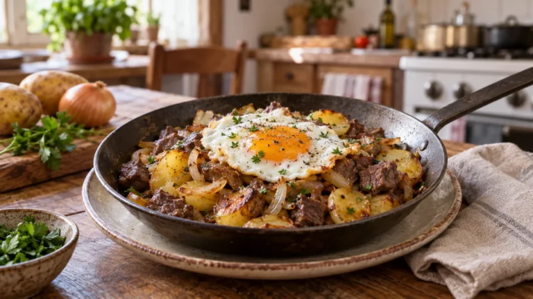 Gröstl tirolese con patate dorate, carne arrosto, cipolle e uovo al tegamino