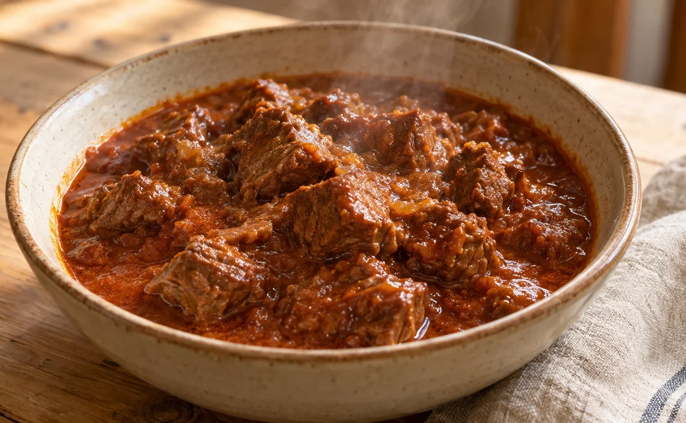 Gulasch tirolese di manzo con sugo denso alla paprika servito in una ciotola di ceramica