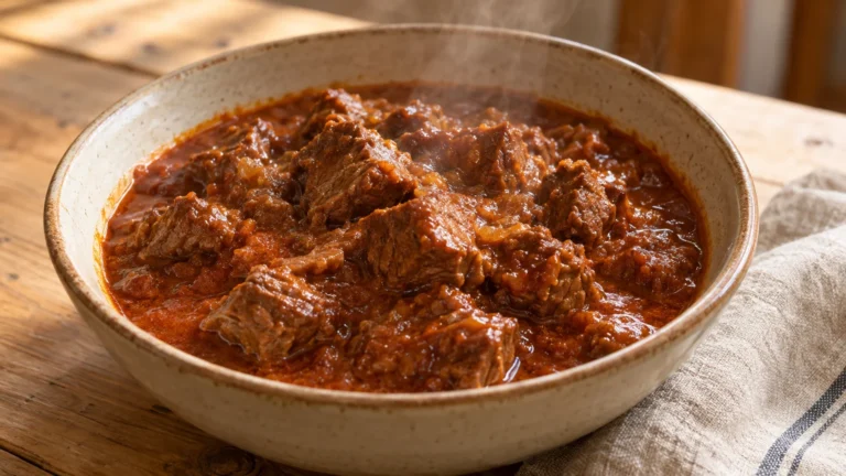 Gulasch tirolese di manzo con sugo denso alla paprika servito in una ciotola di ceramica