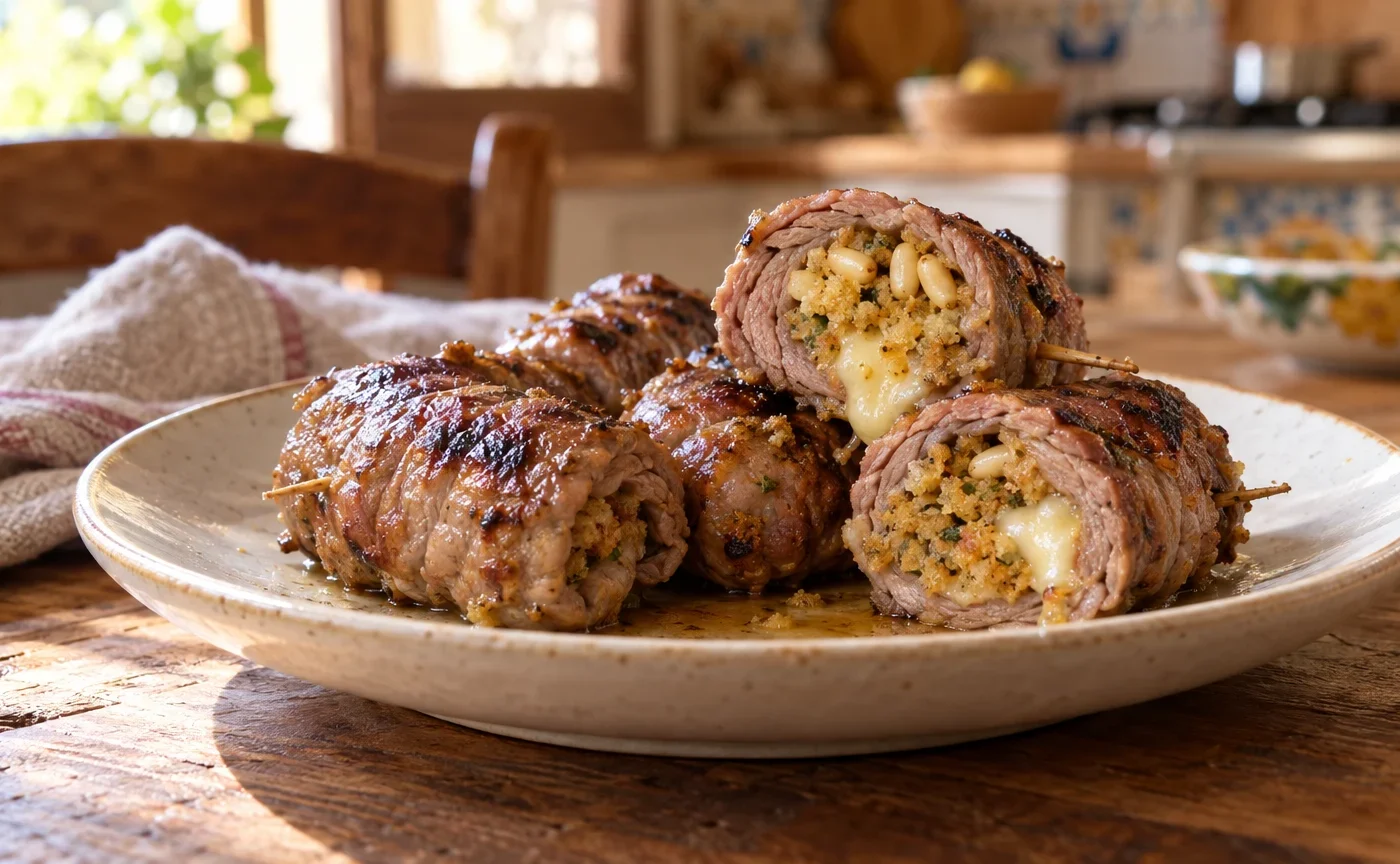 Involtini di carne alla siciliana con ripieno di caciocavallo e pinoli appena grigliati