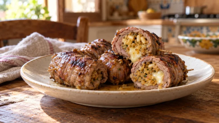 Involtini di carne alla siciliana con ripieno di caciocavallo e pinoli appena grigliati
