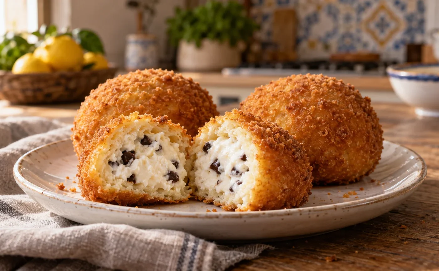 Iris siciliane fritte alla ricotta con crosta dorata, aperte per mostrare il ripieno cremoso al cioccolato