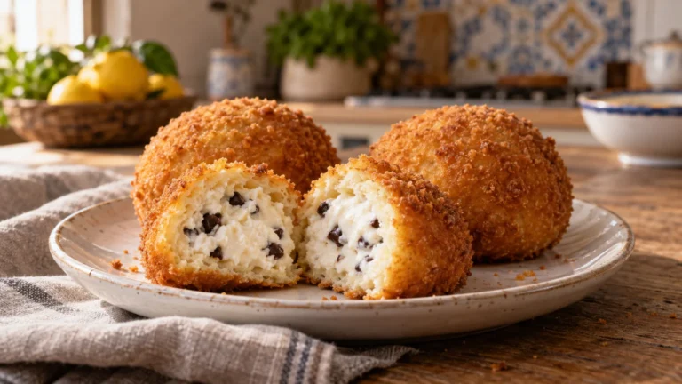 Iris siciliane fritte alla ricotta con crosta dorata, aperte per mostrare il ripieno cremoso al cioccolato