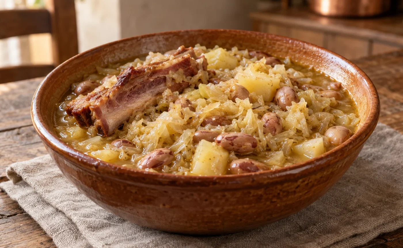 Jota friulana con crauti, fagioli, patate e costine affumicate servita calda