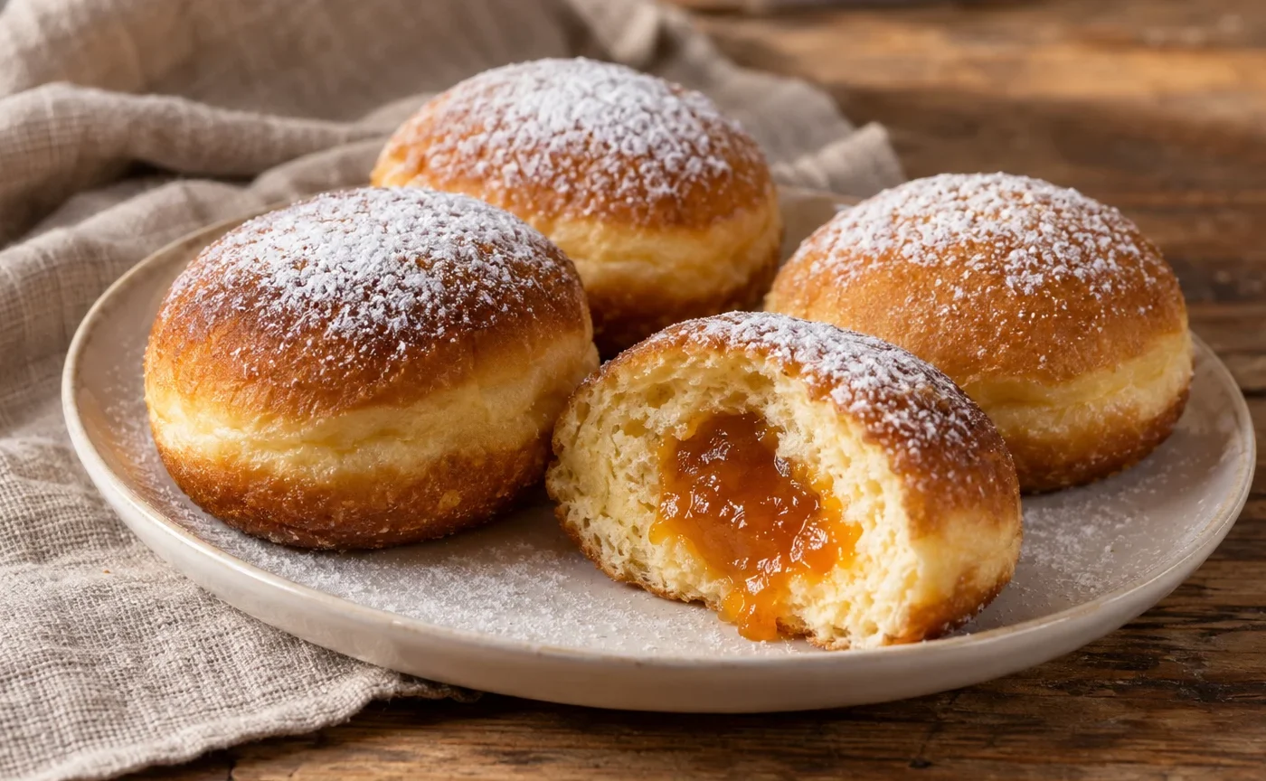Krapfen altoatesini dorati e spolverizzati di zucchero a velo, con confettura di albicocche al centro