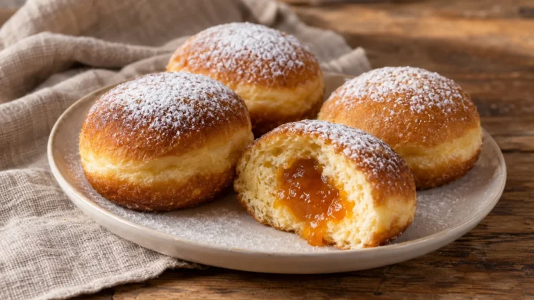 Krapfen altoatesini dorati e spolverizzati di zucchero a velo, con confettura di albicocche al centro